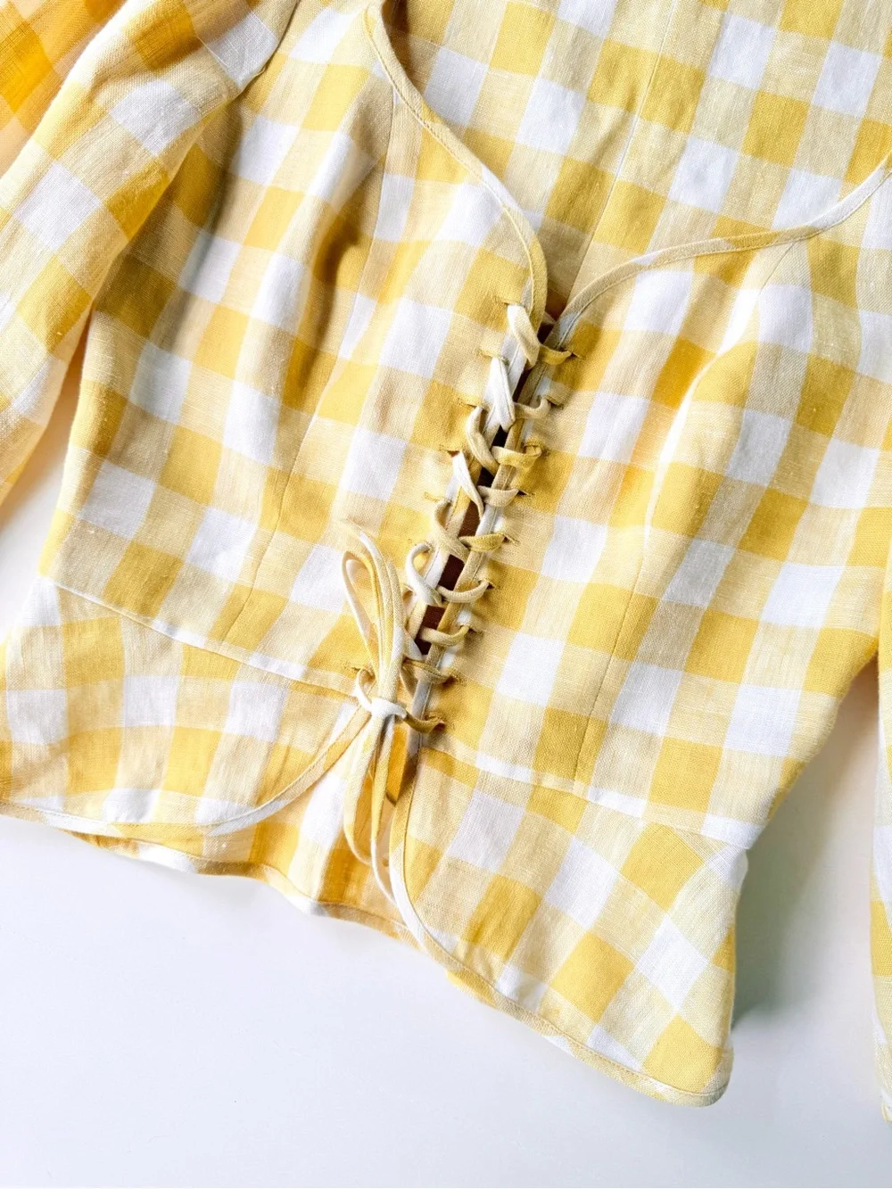 Reformation Barrett Linen Top in Dandelion Check - Corset Lace Up Yellow White 6